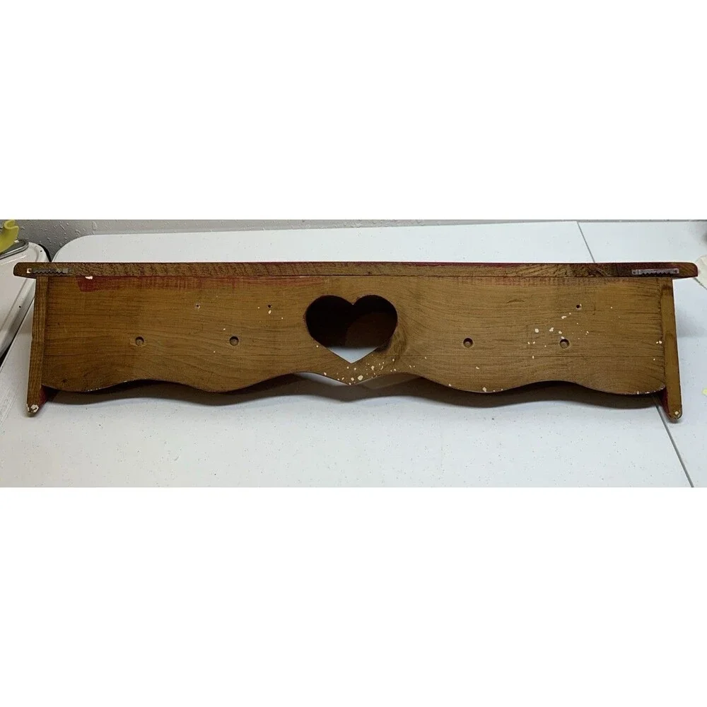 VTG Country Wooden Heart Wall Shelf Pegs Cottage Farmhouse Distressed 36x8x7.5